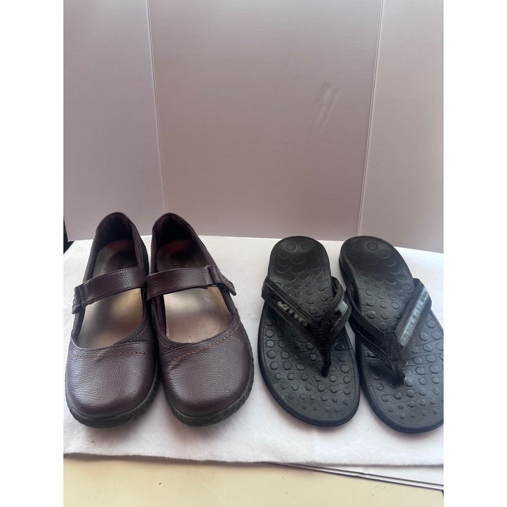 Orthaheel Women Brown Leather Mary Jane Flats and Black Flip Flop Sandals Bundle